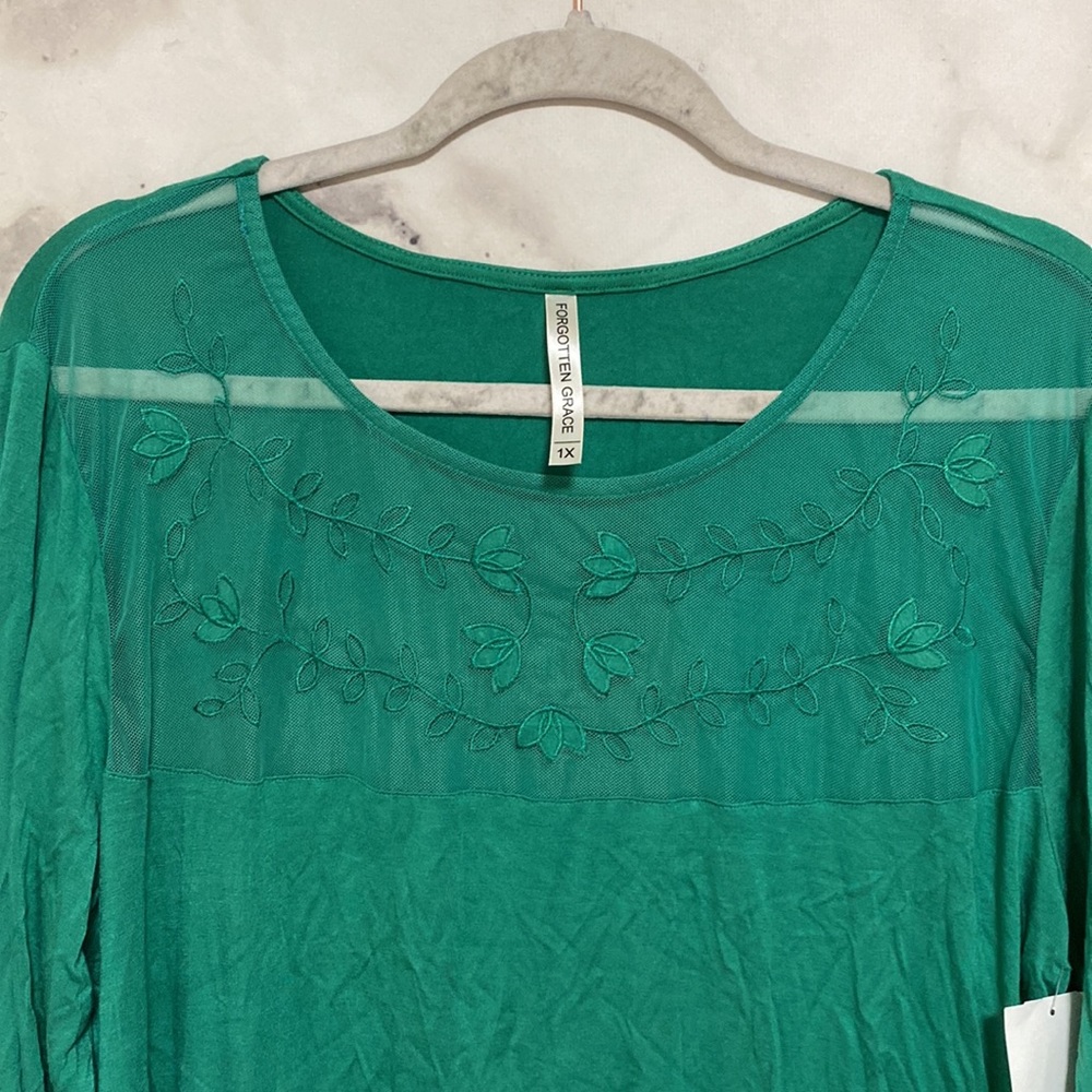 Forgotten Grace Emerald Green Mesh Neckline Top - Picture 3 of 6